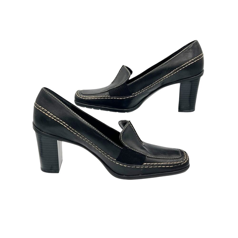 What’s What by Aerosoles Black Leather Heeled Loafers Block Heel 6 Academia